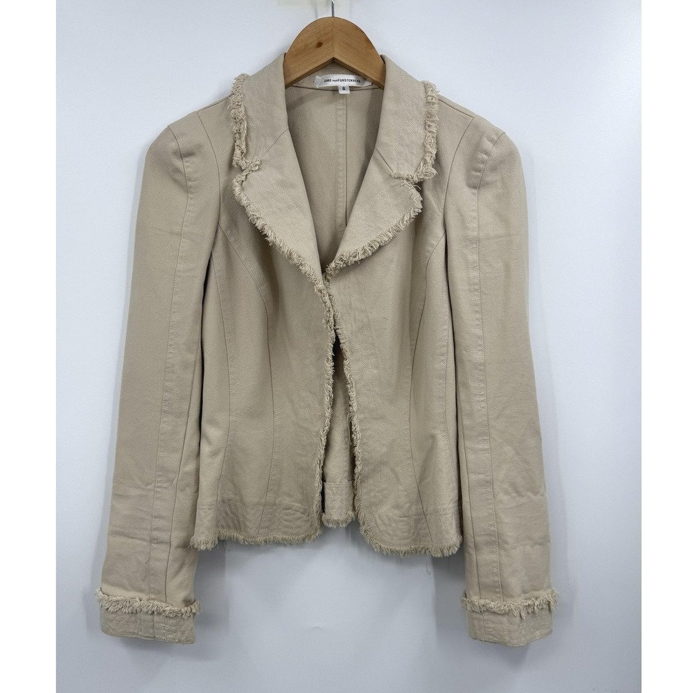 Diane Von‎ Furstenberg Blazer Womens 6 Beige Raw Edge Fringe Jacket Open Front